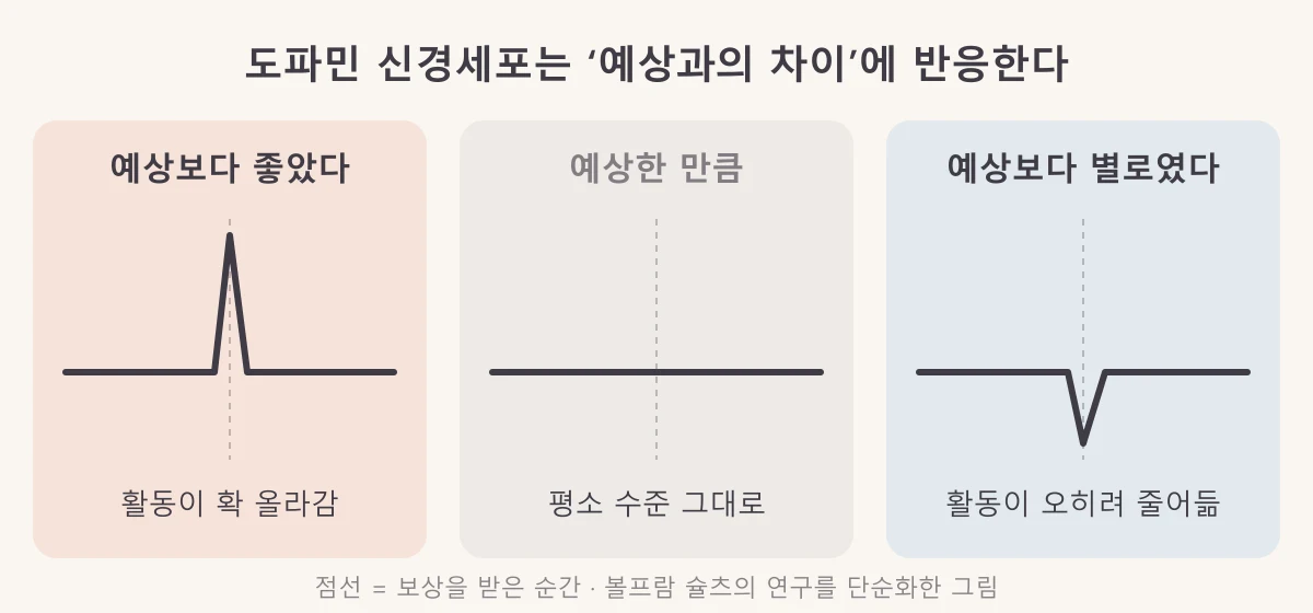 예상보다 좋으면 도파민 신경세포 활동이 올라가고, 예상대로면 그대로, 예상보다 나쁘면 줄어드는 그래프